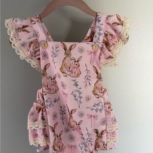 Source Unknown Pink Bunny Print Ruffle Romper with Lace